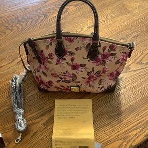 NWT Dooney & Bourke purse, rich cream and pink floral , leather trim